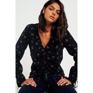 Urban Outfitters Deep V Cinched Floral Shirt Top black jacquard red floral